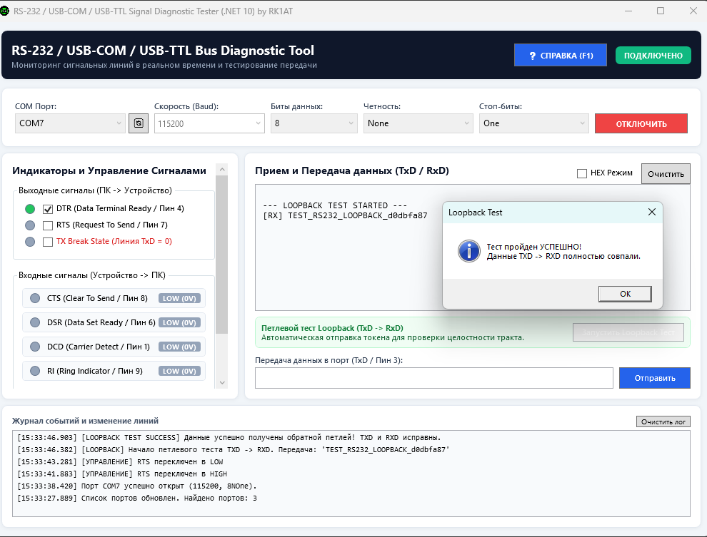 Скриншот программы RS232 TESTER